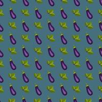 naadloze patroon met aubergine. print van gezonde groenten en groene bladeren op blauwe achtergrond. platte vectorillustratie vector