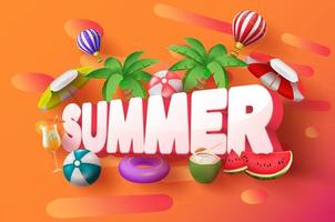 zomer 3d vector banner ontwerp. zomer 3D-tekst met tropische elementen zoals palmboom, heteluchtballon en paraplu in oranje abstracte achtergrond voor vakantie seizoen decoratie. vector illustratie