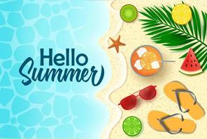 hallo zomer vector banner ontwerp. hallo zomertekst in zeewater met verfrissing van tropisch fruit en strandelement zoals verse jus d'orange, watermeloen, teenslipper.