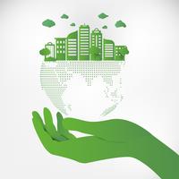 Save Earth Planet World Concept. Wereld milieu dag concept. groene moderne stedelijke stad op groene puntbol, ecologieconcept. vector