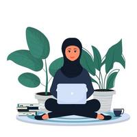 moslim, arabische vrouw zitten en werken met laptop in hijab, traditionele kleding. online onderwijs, freelance concept, comfortabele werkplek geïsoleerd op een witte achtergrond. . vector illustratie