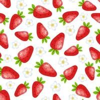 vector cartoon naadloze patroon met wilde aardbeien, bloemen en bladeren op een witte achtergrond voor web, print, doek textuur of behang