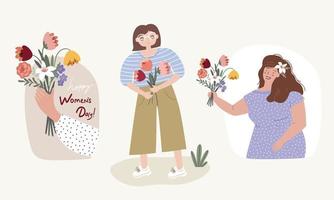 set illustraties voor internationale vrouwendag met jonge vrouwen en bloemen vector