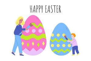 kleine moeder en zoon schilderen paaseieren. gelukkig Pasen. het concept van Pasen voorbereiden, Pasen vieren met het hele gezin. vectorillustratie in cartoon-stijl. vector