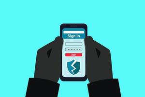 de fraudeur heeft een gehackte mobiele telefoon in zijn handen. een hacker breekt in op een gebruikersaccount. online fraude. log in met een gestolen gebruikersnaam en wachtwoord. toegang tot persoonlijke gegevens van gebruikers. vector. vector