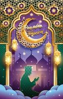 ramadan kareem concept met silhouet van moslim bidden vector