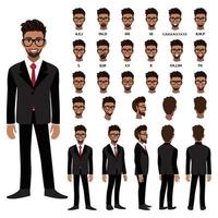 stripfiguur met Afro-Amerikaanse zakenman in pak voor animatie. voorkant, zijkant, achterkant, 3-4 weergavekarakter. afzonderlijke lichaamsdelen. platte vectorillustratie. vector