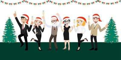 happy party groep zakenmensen met stripfiguur, vrolijk kerstfeest en gelukkig nieuwjaar ontwerp vector
