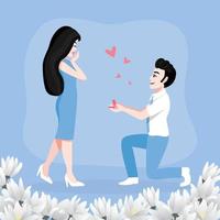 Valentijnsdag stripfiguur met een schattig verliefd stel, man die de vrouw voorstelt die knielt vectorillustratie vector