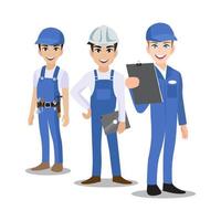 ingenieur, technicus, bouwers en monteurs mensen teamwerk stripfiguur of platte pictogramstijl. vector illustratie