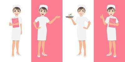 verpleegster cartoon tekenset, schattige verpleegster in verschillende poses, medisch werker of ziekenhuispersoneel. verpleegster cartoon plat pictogram op een witte en roze achtergrond vector