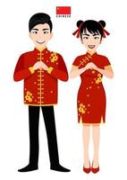 Chinese man en vrouw in traditionele klederdracht, chinese mensen groet en chinese vlag op witte achtergrond cartoon karakter vector