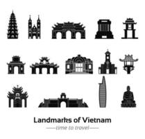 set van beroemde bezienswaardigheden van vietnam silhouet stijl met zwart-wit klassiek kleurontwerp vector