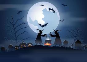 Halloween-achtergrond met kerkhofscène en de heksen op Halloween-nacht vector