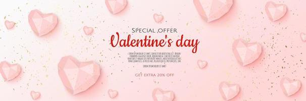 gelukkige valentijnsdag romantische creatieve banner, horizontale koptekst voor website. achtergrond realistisch 3d hart. vector