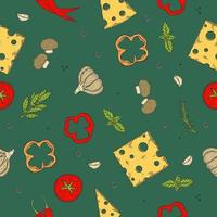 pizza ingrediënten achtergrond. lineaire afbeelding. tomaat, knoflook, basilicum, olijf, peper, champignon, blad. vector