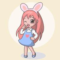 cartoon schattig meisje met konijnenoren met de hand van het vredesteken vector