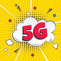 5g nieuwe draadloze internet wifi-verbinding komische stijl toespraak bubble uitroepteken tekst 5g vlakke stijl ontwerp vectorillustratie geïsoleerd op stralen achtergrond. nieuw mobiel internet 5g teken icoon in ballon. vector