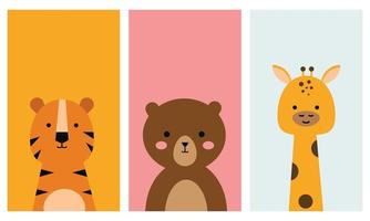 set dierenillustraties voor een smartphonebehang en vergrendelscherm. tijger, beer en giraf. vector