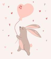 konijn vliegt in een ballon. schattig babykonijntje. hand tekenstijl voor baby shower, wenskaart, uitnodiging voor feest, mode kleding print, voor Valentijnsdag. kinderen cartoon vectorillustratie vector