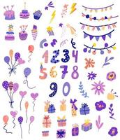 verjaardag elementen collectie. ballonnen, taarten, slingers, geschenken, cijfers en bloemen. cartoon carnaval elementen. alles voor een vakantie, feest en verjaardag. vectorillustratie. vector