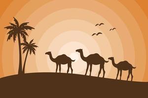 mooie silhouet kameel met palmboom, islamitische achtergrond afbeelding behang, eid al adha vakantie, landschap zandwoestijn, zonlicht, vectorafbeelding vector