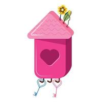 vogelhuisje in roze kleur. schattig vogelhuisje met sleutels en planten. geïsoleerd schattig huis. vector
