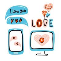 Valentijnsdag doodle virtuele liefdeselementen, computermonitor met online video met teken, mobiele telefoon, tekstballon, belettering van liefde en ballonnenhart. handgetekende vector lineaire, platte vector