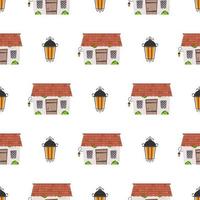 naadloos patroon met lantaarns en huizen. eindeloze achtergrond. goed voor inpakpapier, ansichtkaarten en boeken. cartoon-stijl. vector