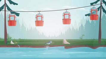 kabelbaan met aanhangers in het bos. sprookjesbos met een rivier. cartoon-stijl. vectorillustratie. vector