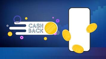 cashback-banner. gouden munten vallen. telefoon met een wit scherm. concept op het gebied van financiën, cashback en inkomsten. vector. vector