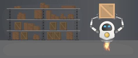 de vliegende robot pakt de doos op. groot magazijn met pallets, houten en kartonnen dozen. vectorillustratie. vector