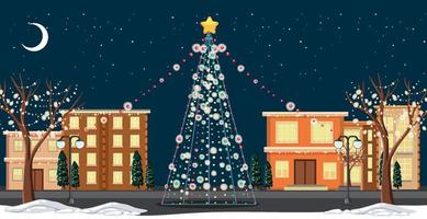 versierde kerstboom in de stad bij nachtscène vector