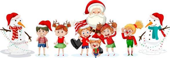 Kerstman en kinderen vieren op witte achtergrond vector