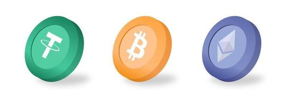 set van internet virtuele cryptocurrency vector iconen. 3d bitcoin, 3d ketting, 3d etherium. vectorillustratie.