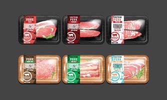 varkensvlees verpakking vlees voedsel varkensvlees zwarte polystyreen verpakking en houten stijl verpakking 3D-vector realistische set bestand van hoge kwaliteit. vector