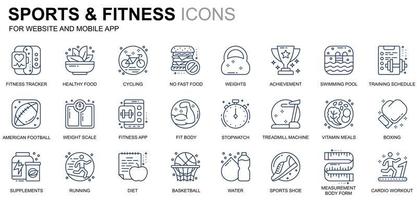 eenvoudige set sport- en fitnesslijnpictogrammen voor website en mobiele apps. bevat iconen als fit lichaam, zwemmen, fitness-app, supplementen. conceptuele kleur lijn pictogram. vectorpictogrampakket. vector