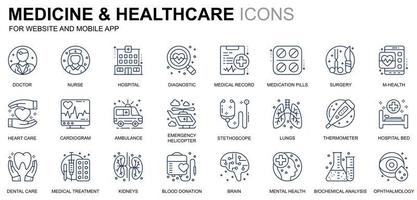 eenvoudige set pictogrammen voor gezondheidszorg en medicijnen voor website en mobiele apps. bevat pictogrammen zoals arts, ziekenhuis, medische apparatuur. conceptuele kleur lijn pictogram. vectorpictogrampakket. vector