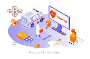 medisch centrumconcept in 3d isometrisch ontwerp. arts ontvangt patiënten in het ziekenhuis, diagnose en behandeling, ambulance en apotheek, websjabloon met mensenscène. vectorillustratie voor webpagina vector