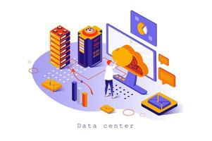 datacenterconcept in 3D isometrisch ontwerp. computergebruik, bestandsback-up en opslag met cloudtechnologieën, hosting en datacenter, websjabloon met mensenscène. vectorillustratie voor webpagina vector