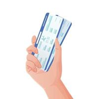 Kaukasische man hand met twee vliegtickets. internationale vakantie, vliegreizen, wereldreisconcept. illustratie in realistische cartoonstijl. vector