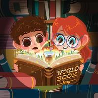 wereldboekendagconcept met twee kinderen die een boek lezen vector