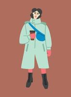 een vrouw in een smaragdgroene lange jas met een opstaande kraag in militaire stijl met een schoudertas. een meisje drinkt koffie op straat uit een wegwerpbeker vector