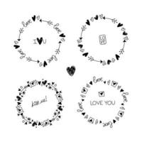 verzameling van vector handgetekende logo-ontwerpelementen, ronde frames met liefdesbelettering, harten en pijlen. trendy lijn doodle tekenstijl voor Valentijnsdag en bruiloft