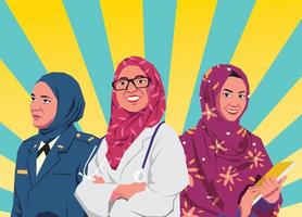 vectorillustratie van drie vrouwen muslimah beroepen kapelaan, dokter, student vector