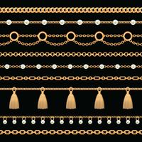 Verzameling van gouden metalen ketting randen met parels en kwasten instellen. Op zwart. Vector illustratie