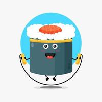 schattig sushi roll-personage dat springtouw doet vector