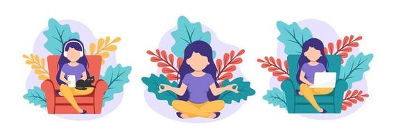 blijf thuis concept. vrouw die yoga doet, thuis werkt, ontspant. zelfisolatie, quarantaine vanwege coronavirus. set van illustratie van thuisactiviteiten vector