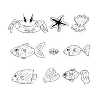 vis, krab, schelp, zeester set hand getrokken doodle. , minimalisme, scandinavisch, monochroom noords zeeleven zee oceaan sticker icoon vector