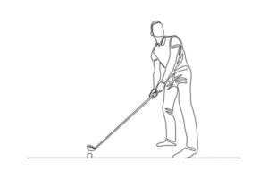 doorlopende lijntekening van een jonge man die golf speelt. één regel kunstconcept van professionele golfspeler die een stok vasthoudt om de bal te raken. vector illustratie